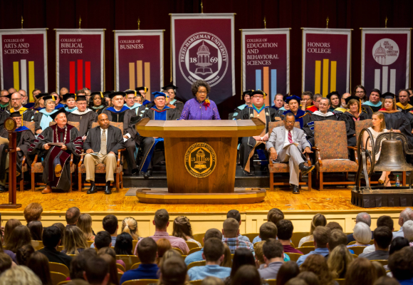Elizabeth Saunders was the Bellmaster in 2018 at FHU. She was honored for her 40 years of service to the university.