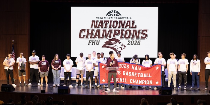 The mens basketball team during chapel after they won the NAIA 2026 Basketball Championship