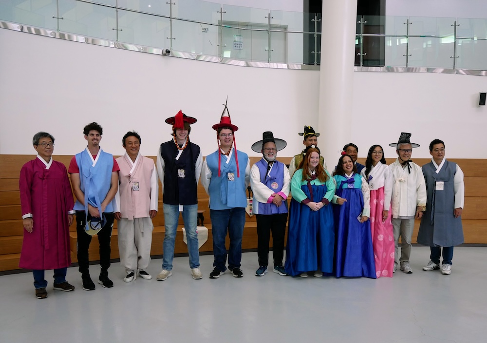 Trying on traditional Hanbok clothing at the Korean Hanbok Promotion Institute in Sangju