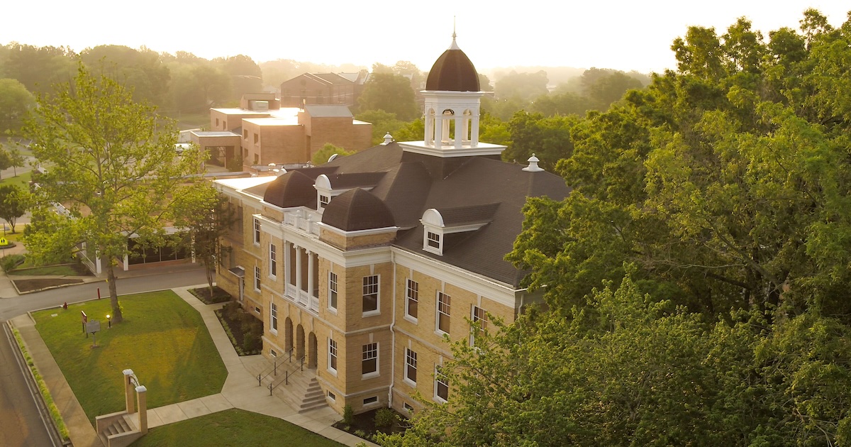 drone shot of old main