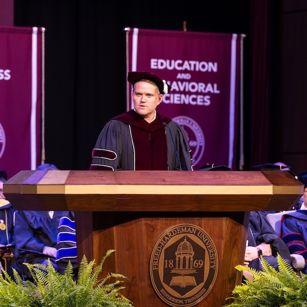 President Keith Harris on stage during FHU Tolling of the Bell