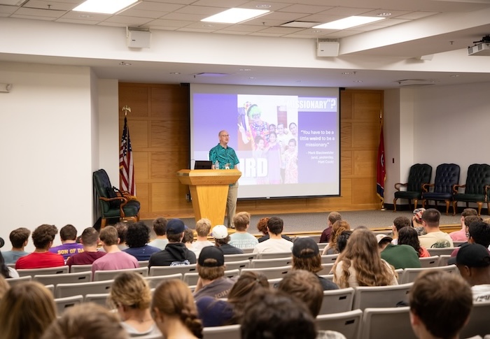 Students gather in Ayers Auditorium to hear from experienced missionaries during Missions Emphasis Days.