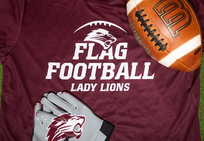 FHU flag football jersey, football, and gloves