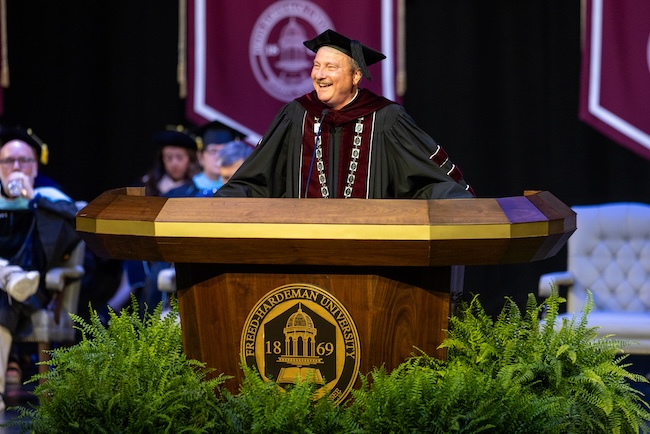 President David R. Shannon addresses students at graduation.